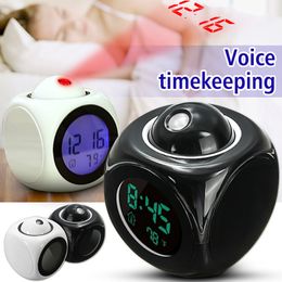 LED Projection Clock Talking Alarm Voice Clock Digital Time Temperature Display White/Black Colors 80*80*100mm wholesale LZ0435
