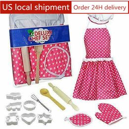 Children's chef Role Play Costume Set 14 pieces, children cooking and baking odder apron, chef hat oven mitt, glove, whisk, wooden spoon, ro