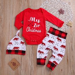 Newborn Baby Girl Clothes My First Christmas Letter Baby Romper Pants Hat 3pcs Set Long Sleeve Infant Outfits Boutique Baby Clothing DW4164