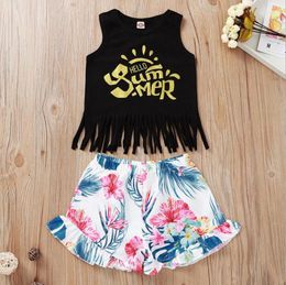 Summer Girls Outfits Letter Printed Toddler Vest Shorts 2pcs Set Children Tassel Shirts Beach Pants Suits Designer Kids Clothing DW5078