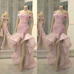 Elegant Pink Evening Dresses Sheath Hi-Lo Ruffles Party Gown Satin Cheap SweepTrain Formal Prom Dress Custom Made Bridesmaid Dress