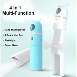 Nano Facial Steamer Mist Sprayer Mini Portable Handheld Spray Fan Humidifier Moisturizing Face Steamer Skin Care Tool Flashlight 4 in 1