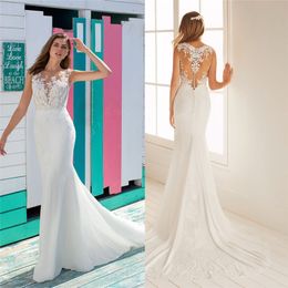 Sheer Sleeves Natural Slim Mermaid Wedding Dresses Lace Appliques Beautiful Fishtail Long Bridal Gowns Simple Robe De Mariee Spring