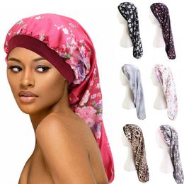 Long Hair Sleep Hat Floral Wrap Night Cap Hair Care Bonnet Elastic Wide Band Women Satin Hat Hair Care Headcover HHA1471