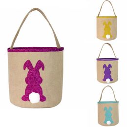 Easter Bunny Baskets Fluffy Rabbit Tails Buckets Glitter Burlap Gift Tote Rabbit Pail Eggs Hunting Bags Easter Kids Gift 4 Designs DW5026