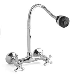 Kitchen Sink Faucet Hot Cold Mixed Taps Stretchable Shower Spray Type Wall Mount Bathroom Faucet