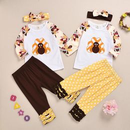 2020 New Thanksgiving Kids Girls Turkey Long Sleeve T-shirt + Ruffled Dot Pants + Headbands 3pcs/set Outfits Children Clothing Sets