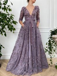 Elegant Lavender V-Neck Long Sleeve Formal Evening Dresses A-Line Lace Beaded Prom Dress Floor Length Custom Made Party Gown cocktail party