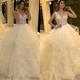 tiered tulle chapel aline wedding dresses sequins appliqued lace oneshoulder bridal gown sleeveless custom made long bridal gown