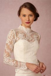 2020 High Neck Bridal Wraps Long Sleeves Wedding Lace Applique Jackets buttons Cheap Bridal Jacket Bolero Jacket Plus Size custom made