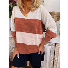 Women V-neck Striped T-shirt Fashion Trend Long Sleeve Plus Size Tees Designer Autumn Female New Style Casual Splicing Top Tshirt Clothing