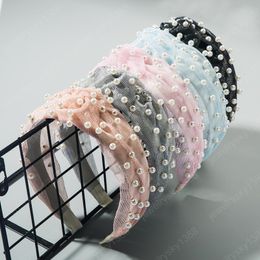 Candy Colour Yarn Lace Bowknot Headband for Girl Vintage Bohemian Simulated Pearl Hair Band Lady Wedding Party Hair Accessories