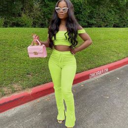 2020 Off Shoulder Summer Two Piece Set Women Festival Clothing Crop Top and Stacked Leggings Set Sexy 2 Piece Club Outfits