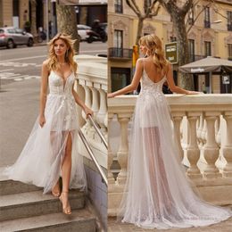 sexy illusion spaghetti strap beach wedding dresses appliqued lace bridal gown highsplit backless sweep train custom made bridal dress