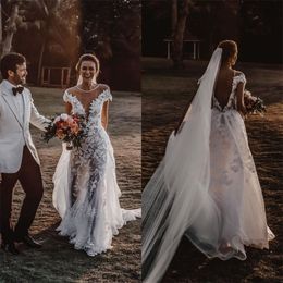 hot sale beach wedding dresses aline bohemian jewel neck sheer sexy backless appliqued beaded bridal gown custom made country bridal dress