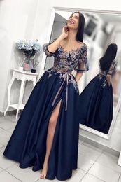 Navy Blue Embroidery Satin Evening Gowns sheer neck 2020 A-Line Sexy Split Lace Prom Dresses Long with Pockets Half Sleeves Evening Dress