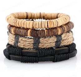 Hot sale Cowhide Bracelet Coconut shell hemp rope Bracelet wooden beads Men's Leather Bracelet size Adjustable 4styles/1set