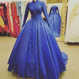 Royal Blue Muslim Evening Dresses Satin Long Sleeves high neck Formal Party Prom Dress Custom Made Robe De Soriee 2020 A Line Prom Gowns