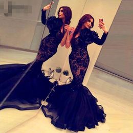 Sexy Black Mermaid Evening Dresses Long Sleeve Ruffle One Shoulder Lace Beaded Chic Prom Dresses Cheap Robe de soiree Abendkleider