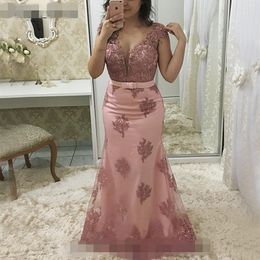 Light Pink Mermaid Mother Of The Bride Dresses v neck Plus Size Sheer Jewel Cap Sleeve Vintage Lace 2020 Long Dress Formal Evening Gown