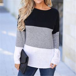 Women Casual Panelled T-shirt Fashion Trend Three-color Contrast Round Neck Long Sleeve Tees Tops Designer New Female Loose Clothes T-shirt
