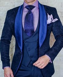 Fashion Navy Blue Embossing Groom Tuxedos Shawl Lapel Groomsman Wedding 3 Piece Suit Men Business Prom Jacket Blazer(Jacket+Pants+Tie+Vest)8