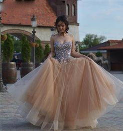 Luxury Champagne Long Prom Dresses 2021 Sweetheart Sparkly Crystal Tulle A Line Saudi Arabic Prom Gowns Vestido Largo