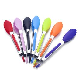 7 colors 20cm BBQ Silicone Tongs Clip non-stick Salad Bread Cooking Food Serving stainless steel Tongs