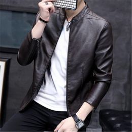 Man Casual Leather Jackets Fashion Trend Zipper Slim Solid Color Coats Jackets Designer Hot Male Stand Collar With Pocket Outerwear Clothing