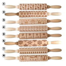 Embossing Christmas Rolling Pin ECO Wooden Christmas Engraved Carved Embossing Rolling Pin Dough Stick Baking Kitchen