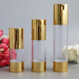 New Gold Cosmetic Airless Lotion Bottle Essence Serum Packaging Pump Bottles 15ml 30ml 50ml Empty Makeup Containers 100pcs