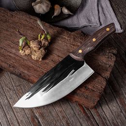 High Carbon Steel Hand Forged Kitchen Chef's Knife Sharp Meat Cleaver Butcher Slaughter Knife Full Tang Colour Wooden Handle Outdoor Camping