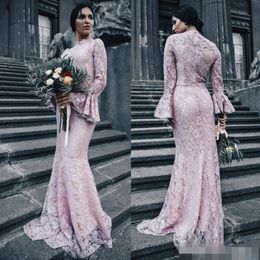 Pink Black Lace Bridesmaid Dresses 2020 Scalloped High Neck Long Juliet Sleeves Mermaid Maid of Honor Wedding Guest Formal Evening Gown