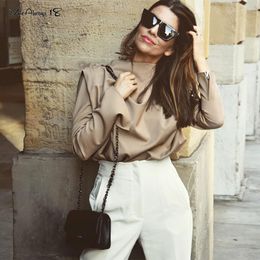 Mnealways18 Draped Solid Khaki Tops And Blouses Spring Elegant Office Blouse Women Ruched Work Top Long Sleeve Ladies Shirt 2020 CX200711