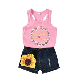 Summer flower girls suits casual kids suits fashion girls outfits Vest+hole shorts jeans 2pcs/set kids designer clothes girls