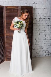A-line Lace Chiffon Modest Wedding Dresses Boho Short Sleeves Lace Floor Length Long Bohemain Summer Beach Bridal Gowns Sleeved Custom Made