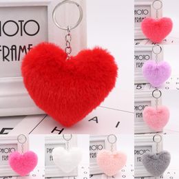 Cute Pom Pom Fluffy Heart Keychains Faux Rabbit Fur Key Chain Keyrings Bag Pendant Car Key Ring Holder Women Jewellery Xmas Gift