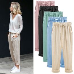 Fashion Women Cotton Linen Cropped Trousers Solid Colour Loose Drawstring Harem Pants Summer Women Soft Harem Trousers Plus Size M-6XL