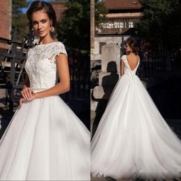 Wedding Dresses A Line Short Sleeves Bridal Gowns Lace Appliques Country Style Simple Cheap petites Plus Size Custom Made Boat Neck