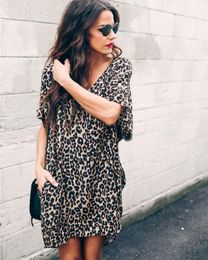 Fashion New Womens Leopard Print V-Neck Lantern Skirt Loose Sleeves Ladies Party Casual Dresses Size S-2XL