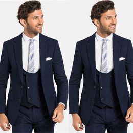 Plus Size Navy Pinstripe Wedding Tuxedos Double Breasted Peaked Lapel Groom Wear Party Prom Best Men Blazer Suit(Jacket+Vest+Pants)