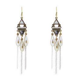 Indian Style Geometry-shaped Gold with Multicolor Beads Enamel and Chain Tassel Stud Earrings for Women Gift