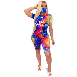 I Cant Breathe Women Tracksuits Tie-dye Letter Printing Round Neck Shorts+Pants With Mask Sport Shorts Two Piece Sets Clothing GGA3550-6