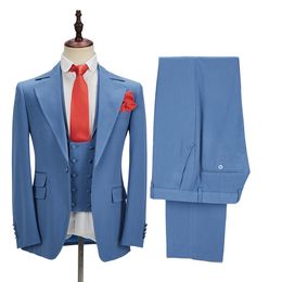 New Sky Blue Men Suits 3 Pieces Tailor-made Suit CostumeHigh Quality Latest Design Casual Groom Pen Prom Suits Traje de tres piezas para hombres