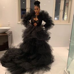 Plus Size Black Puffy Prom Dresses abendkleid Tulle Full Sleeves robe de soiree Tiered Women Evening Dress Open Bust Women vestidos