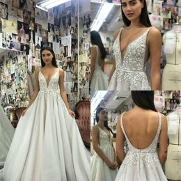 sexy vneck boho aline wedding dresses backless appliqued lace sequins bridal gown sweep train custom made ruched satin beach bridal gown
