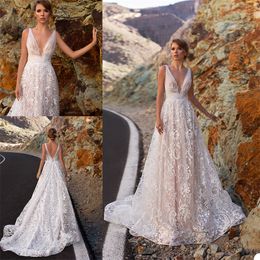 newest beach sexy vneck aline wedding dresses appliqued lace backless bridal gown sleeveless custom made sweep train boho bridal gown