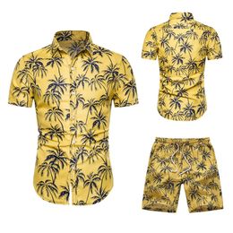 Two Piece Set Men Hawaiian print Short Sleeve T Shirt Cropped Top+Shorts Men's Tracksuits 2020 New Causal Tops Short Trousers
