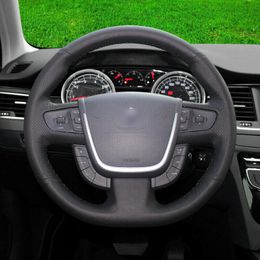 Custom-made Hand-stitch Black leather Car Steering Wheel Covers For Peugeot 308