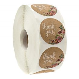 500pcs/roll Thank You Stickers for Seal Labes 1inch Handmade Sticker Brown Kraft Floral Scrapbooking Cute Stationery Sticker